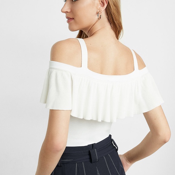 New! Fitted Ruffle Cold Shoulder Pullover Sweater - Picture 2 of 4